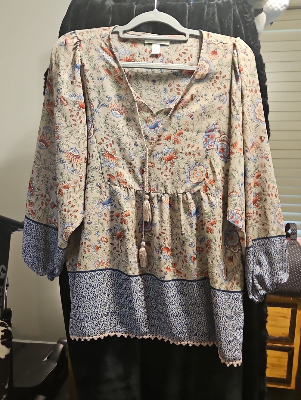 Vintage America Beige Floral Peasant Blouse with Blue Accents